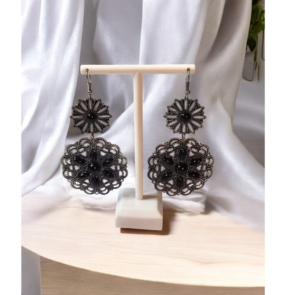 Black Filigree Statement Dangle Earrings Ornate Cabochon Dark Romantic Glam